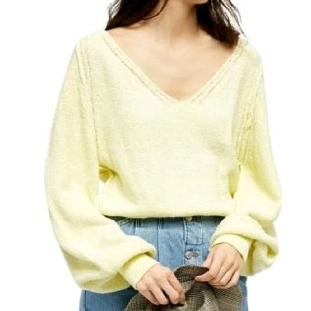 Free People Lemon Yellow Knit V Neck Sweater Size Small Textured‎ Puff Sleeve
